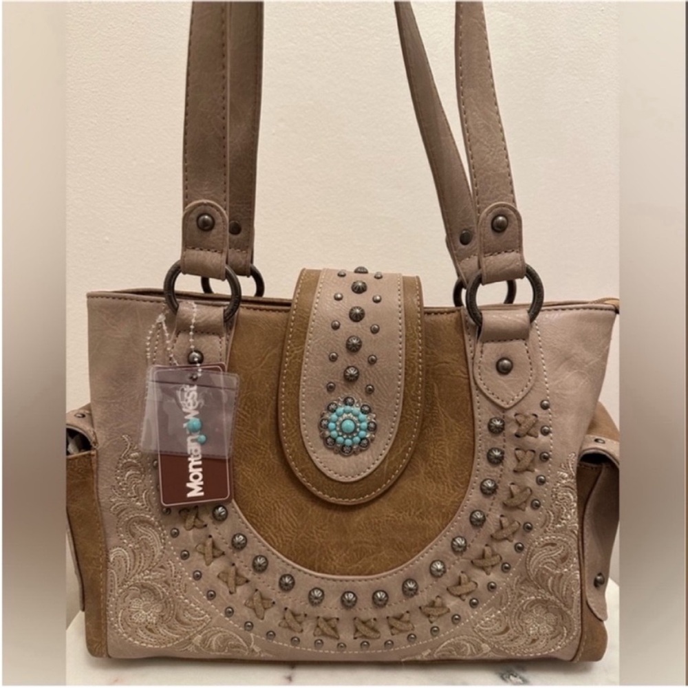 NWT Montana West Taupe Western Shoulder Bag Purse w/ Turquoise Concho